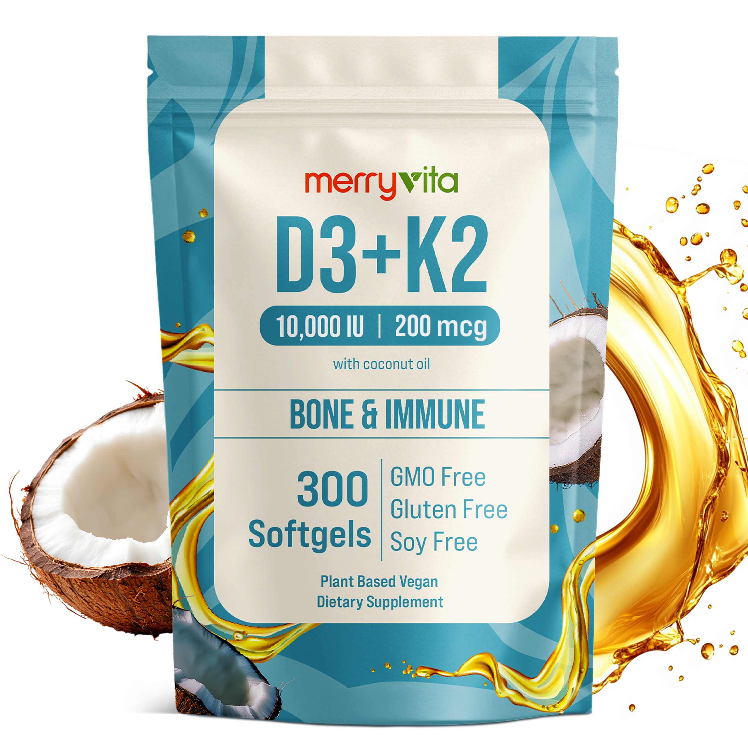 D3 K2 Vitamin 10000 IU D3 & 200 MCG K2 MK7 - Plant Based Vegan K2 D3 with Coconut Oil, non GMO - Bone, Muscle & Immune Support - 300 Softgels